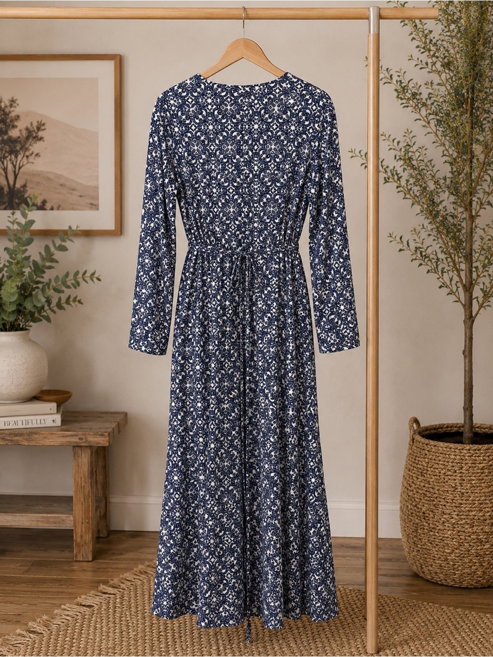 LULU’S Navy Floral V-Neck Long Sleeve Maxi Dress - Picture 3 of 4